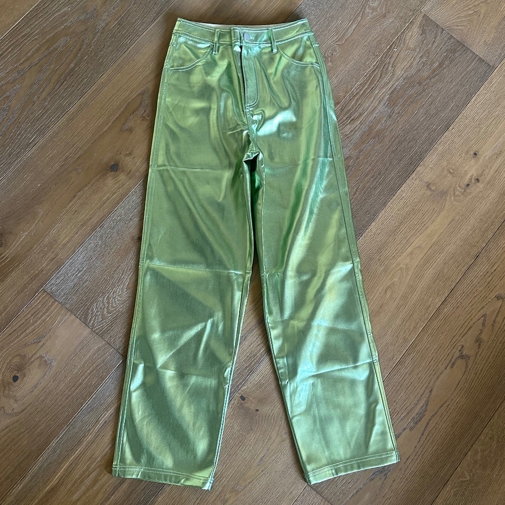TOPSHOP Metallic Green Faux Leather Pants Straight Leg High Rise Size 4 - Picture 4 of 11